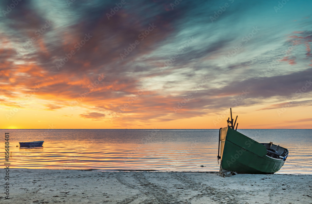 Colorful sunrise at village of fishermen, Baltic Sea, Latvia - obrazy, fototapety, plakaty 