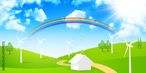 風力発電　家　背景