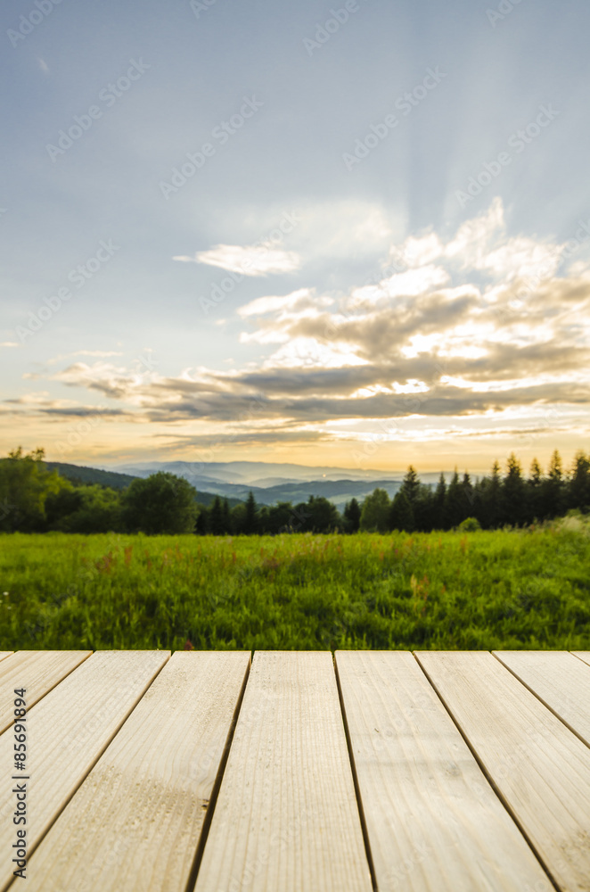 Empty table with landscape background Empty table with landscape background