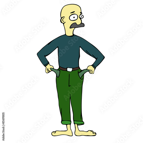 Poor man turns his pockets. Without money and work. Economic crisis.