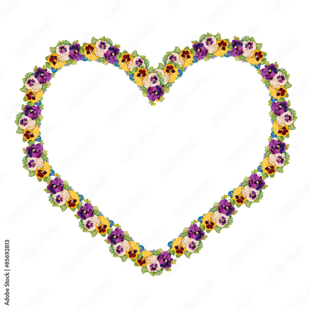 Colorful floral frame in shape of heart on white background