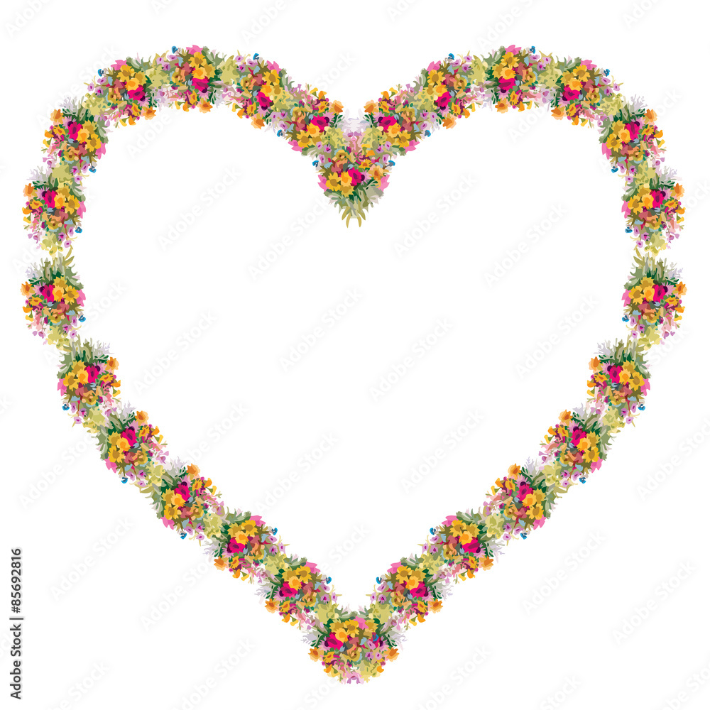 Colorful floral frame in shape of heart on white background