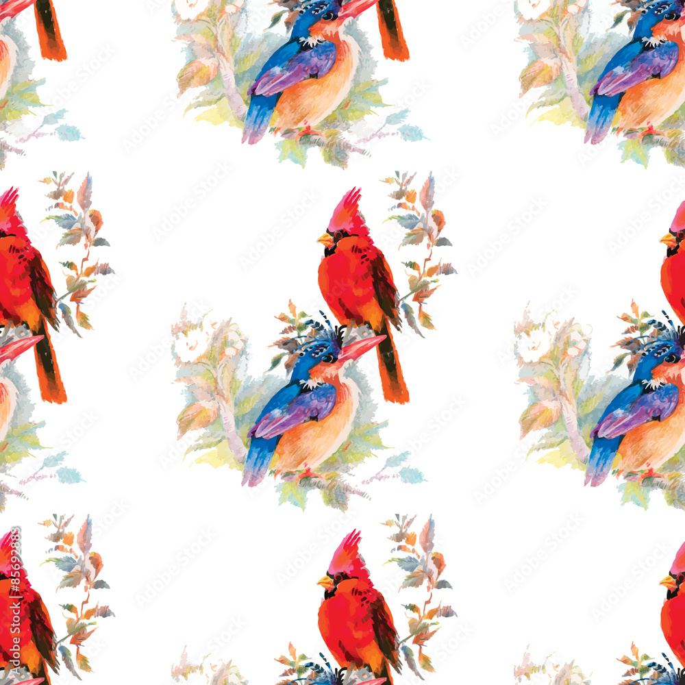 Watercolor hand drawn seamless pattern with tropical summer flowers and birds Watercolor hand drawn seamless pattern with tropical summer flowers and birds