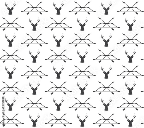 Vector seamless vintage hunting pattern with deer and bow