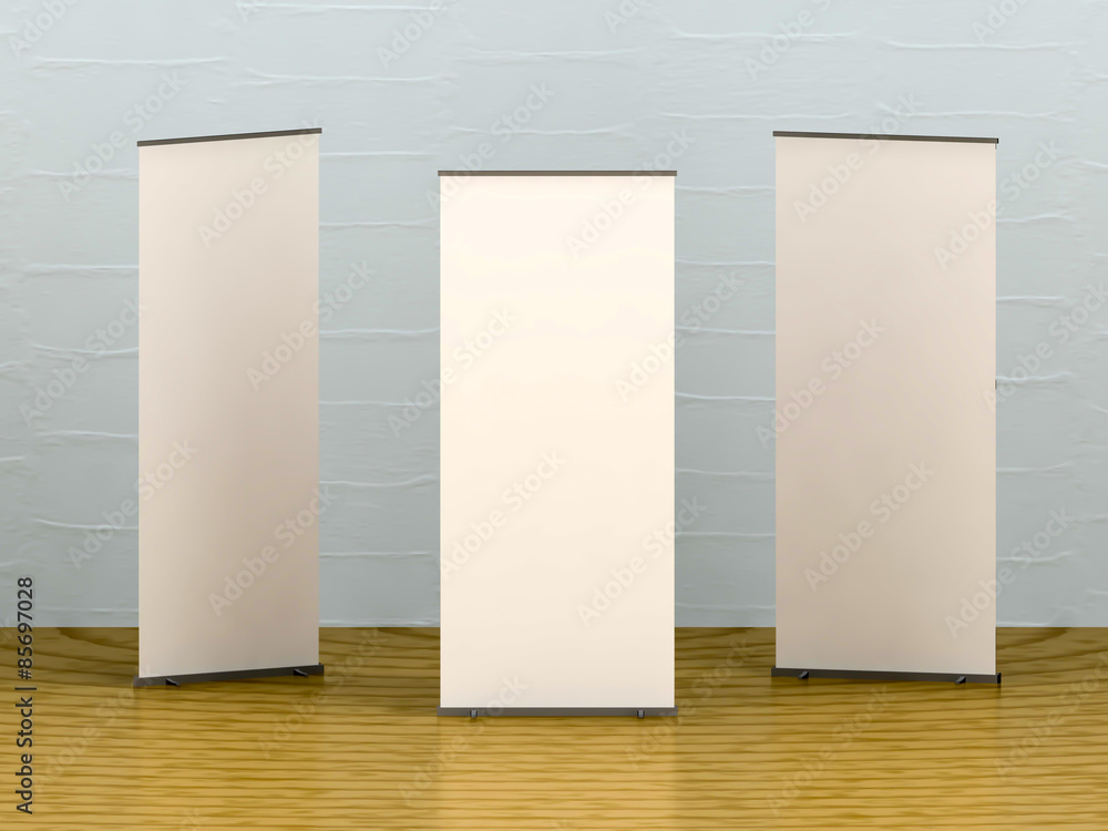 White blank banner on wooden floor White blank banner on wooden floor