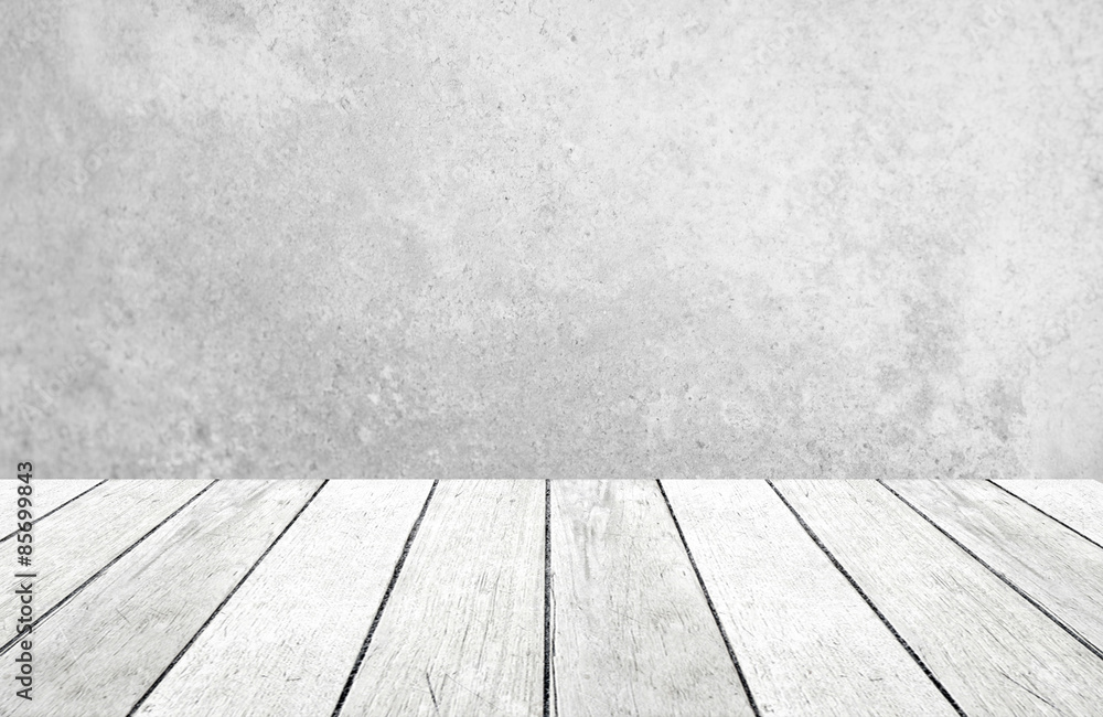 Fototapeta premium Grunge cement wall and perspective wood background,product display, template, room, table.