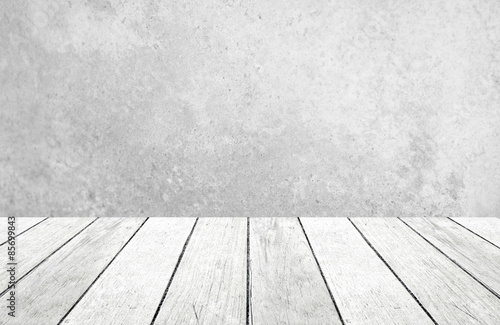 Grunge cement wall and perspective wood background,product display, template, room, table.