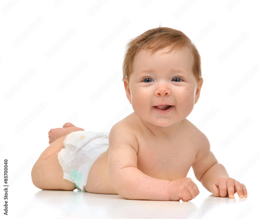 Four month Infant child baby girl in diaper lying happy smiling Four month Infant child baby girl in diaper lying happy smiling
