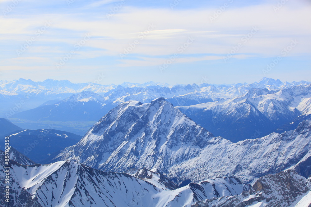 Winter snow covered mountain Zugspitze in Germany Europe. Great place for winter sports