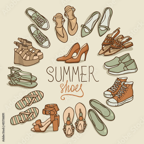 Vector illustration of woman shoes set. Hand-drown objects illustrations. Spring-summer fashion collection.