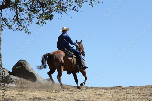 A cowboy riding his horse on a mountain into a big blue sky. © cpdprints