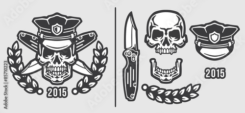 Skull Policeman Head in Cap with Crossed Knives Logo Emblem