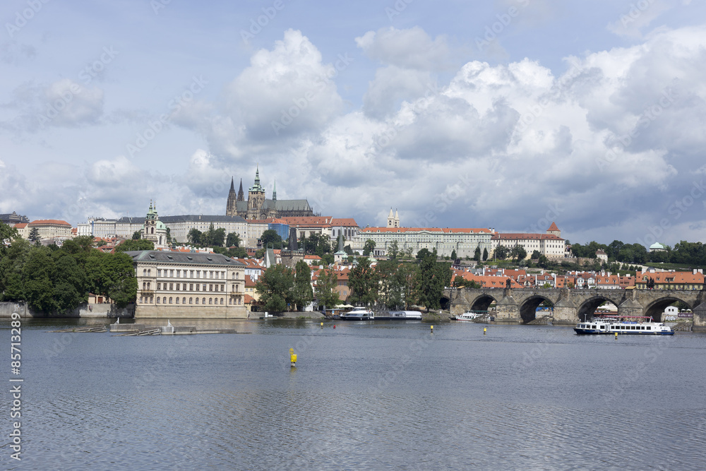 Fototapeta premium Spring Prague gothic Castle with the Charles Bridge