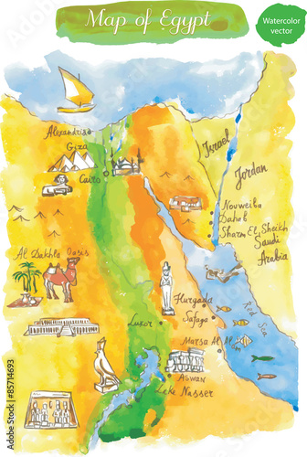 Watercolor map of attractions Egypt