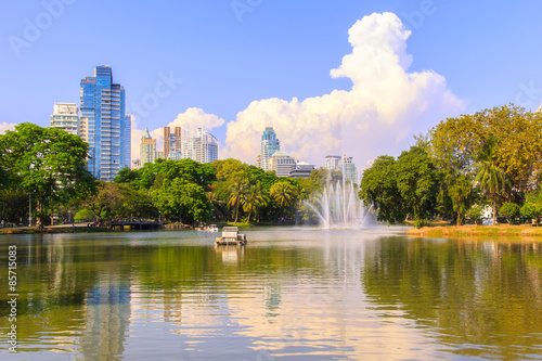 Lake view of Lumpini Park in the Thai capital city centre