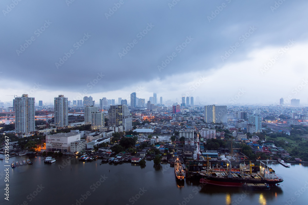Top view bangkok city with raining day.