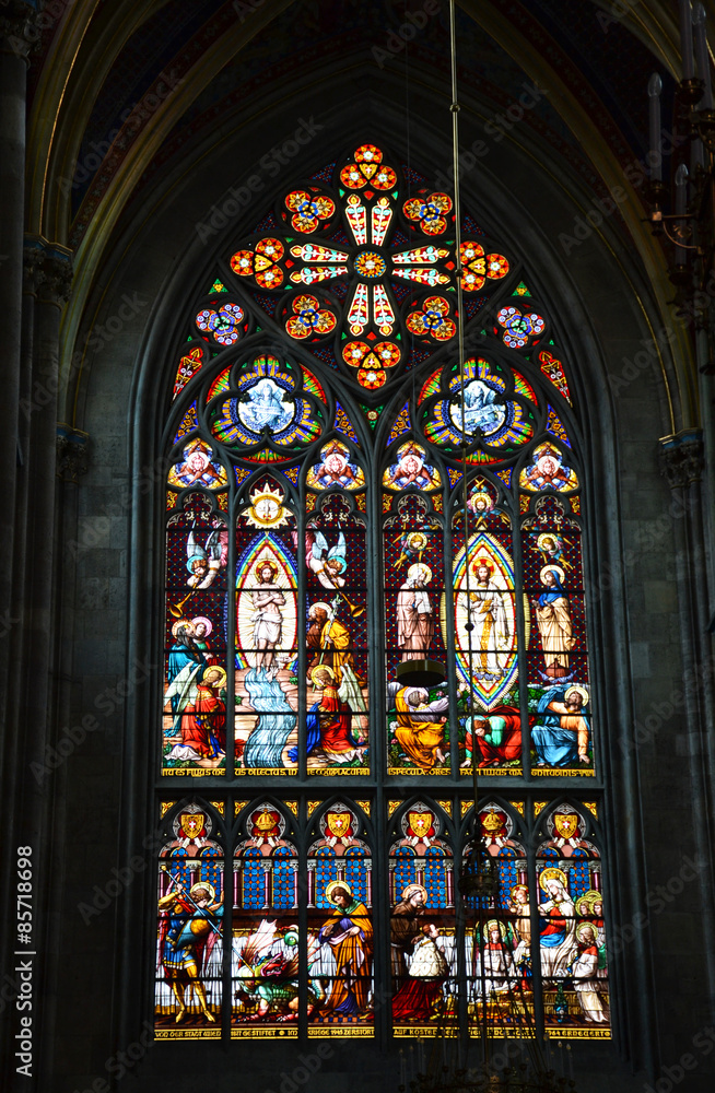 Gothic stained-glass window in Votive Church, Vienna