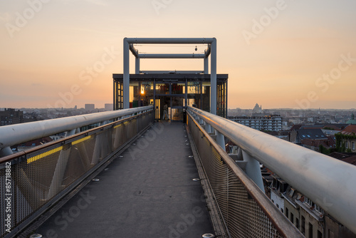 Passage to public lifts in evening sun at Ascenseur des Marolles, Brussels, Belgium