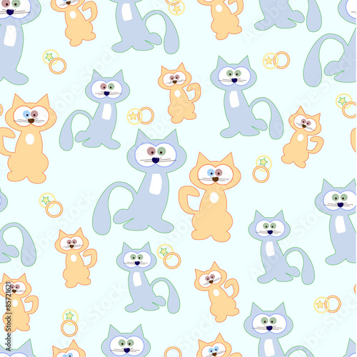 Blue cats and beige to green background. Pattern. Vector illustration