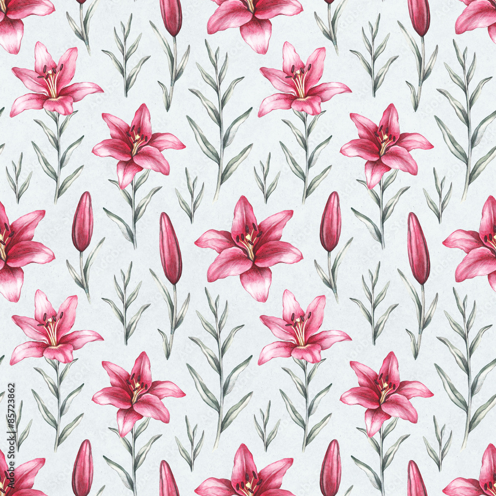 Seamless pattern with drawings of lily flowers