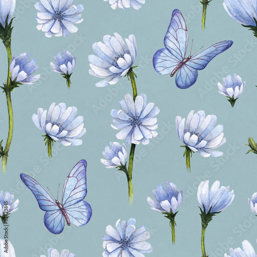 Wild flowers illustration. Watercolor seamless pattern