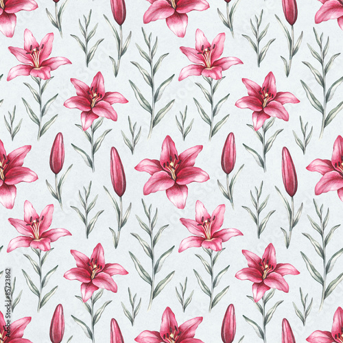 Seamless pattern with drawings of lily flowers