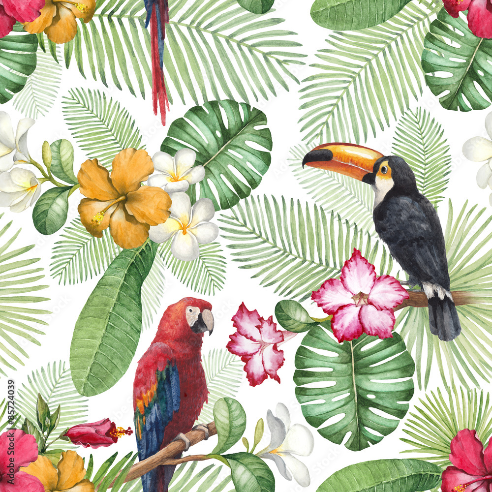 Fototapeta premium Watercolor toucan and parrot. Seamless pattern