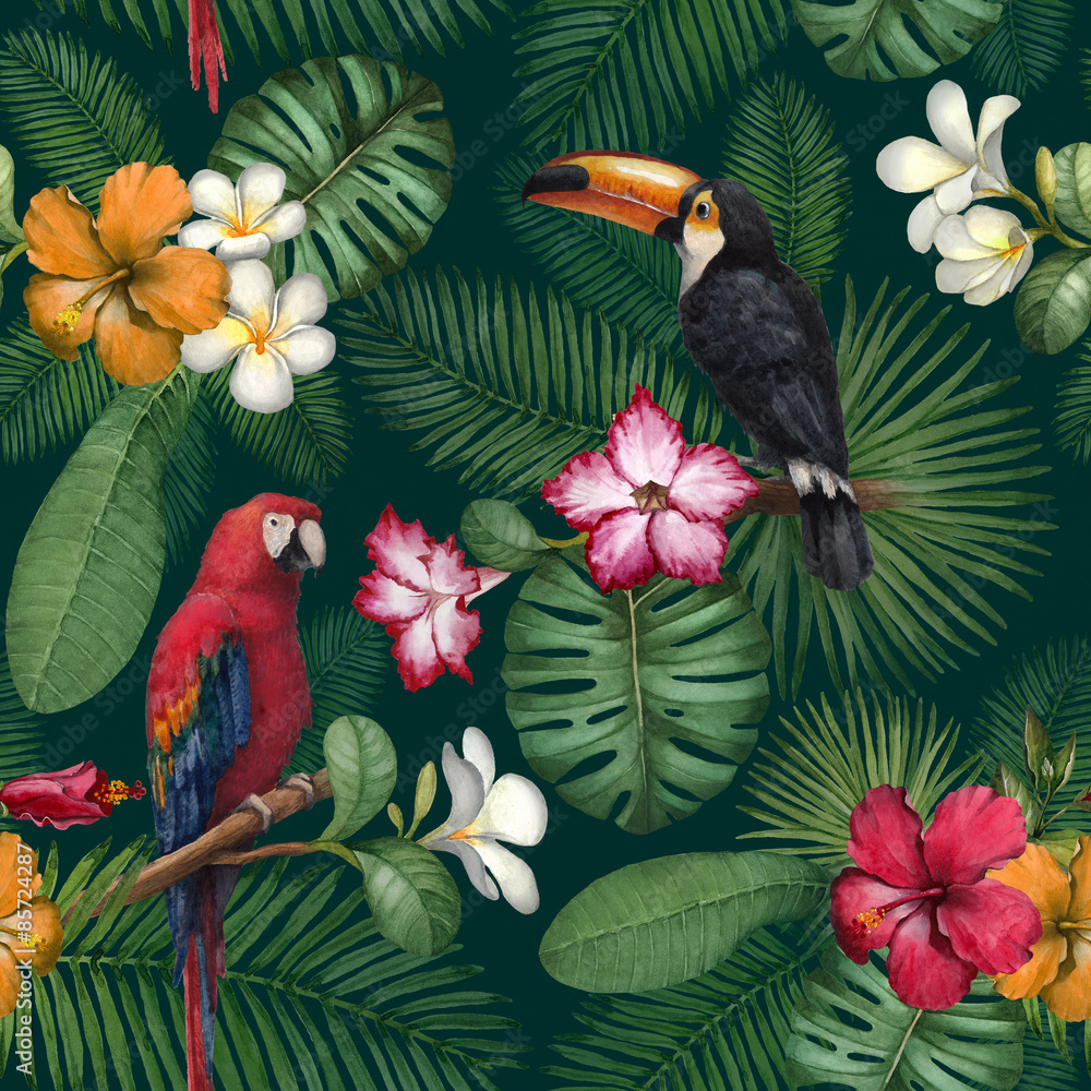 Fototapeta premium Watercolor toucan and parrot. Seamless pattern