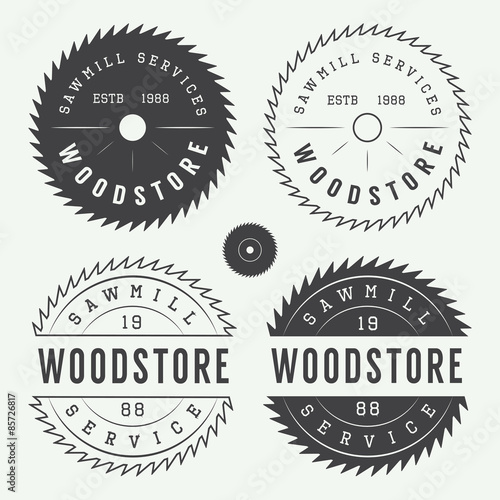 Set of vintage sawmills labels, emblems, logo, badges and design elements