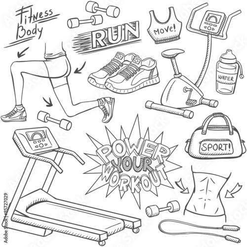 Gym and fitness doodles set