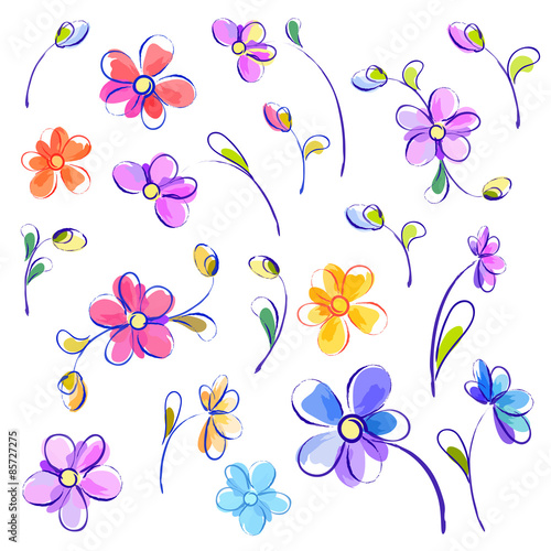 Set of isolated watercolor flowers