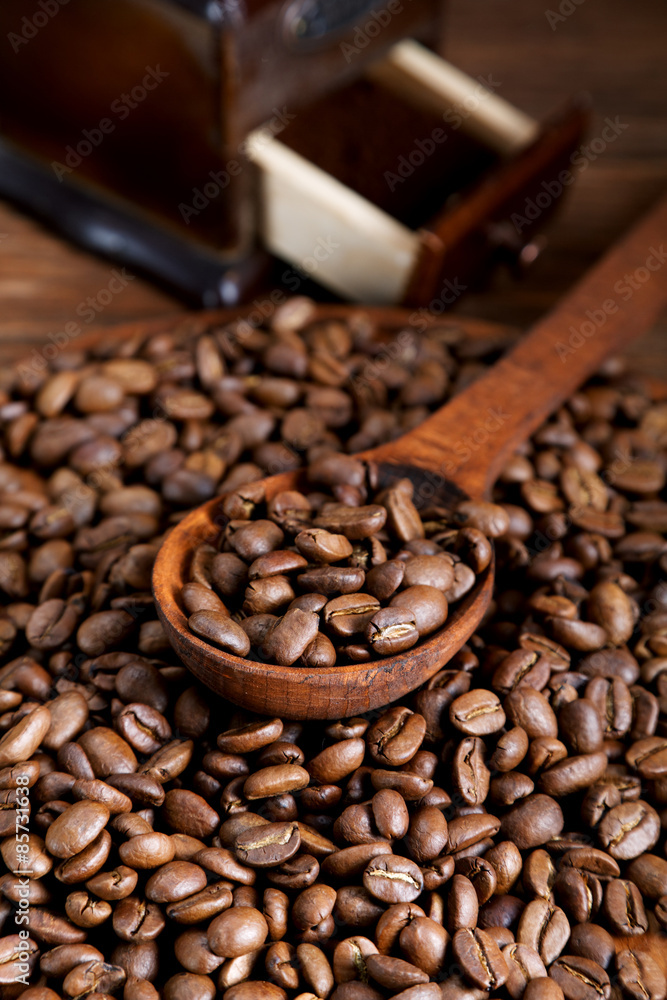 grinder and coffee beans with a wooden spoon grinder and coffee beans with a wooden spoon