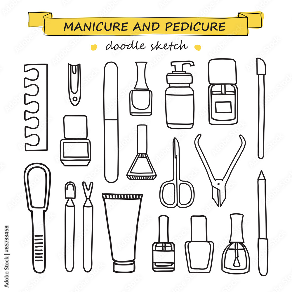 Fototapeta premium Vector set of manicure and pedicure doodle equipment.