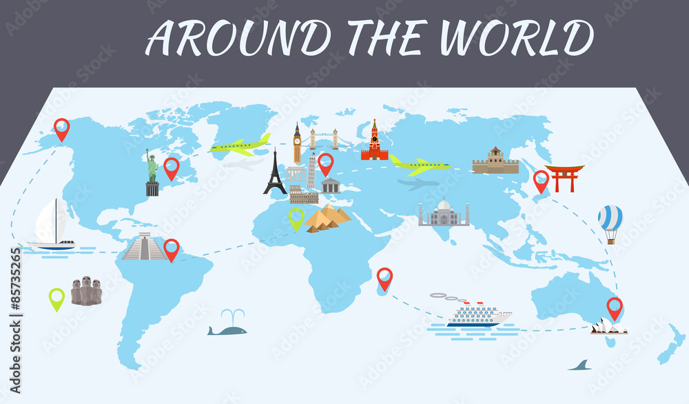 Fototapeta premium Famous world landmarks icons on the map