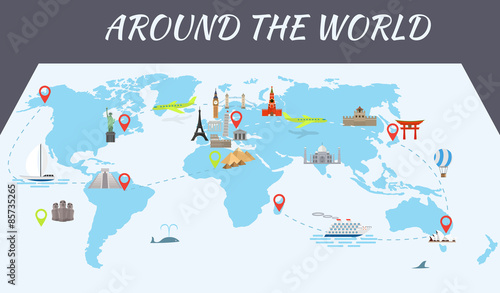 Famous world landmarks icons on the map