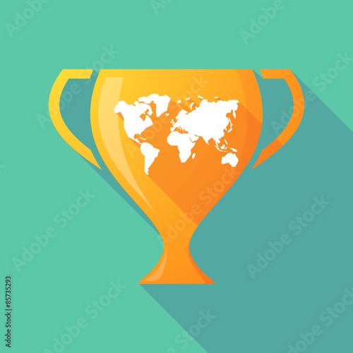 Long shadow trophy icon with a world map