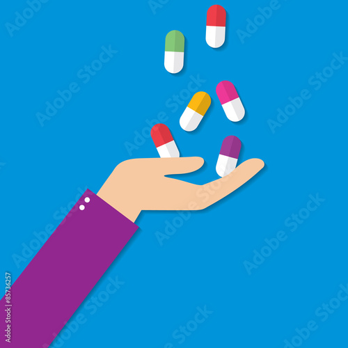 Illustration of hand holding various pills and capsules.
