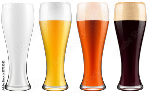 Beer glasses, four versions - empty, light beer, dark beer and amber beer.