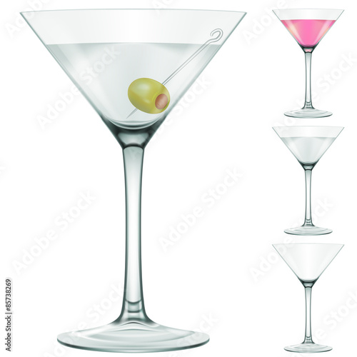 Martini glass. Three variations - with and without an olive, pink martini and empty glass.
