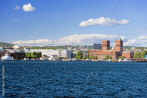 View of Oslo Town Hall  and Aker Brygge from the sea