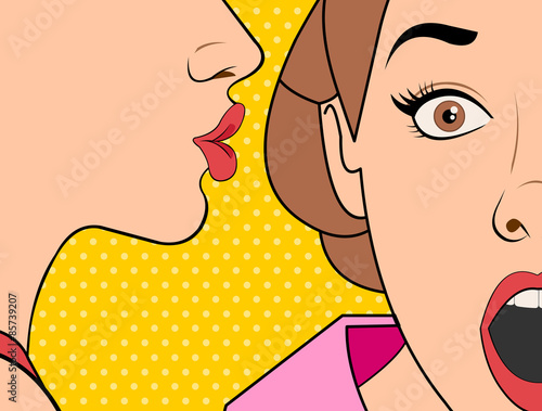 Beautiful retro woman whispering a gossip to her surprised friend. Vintage art.