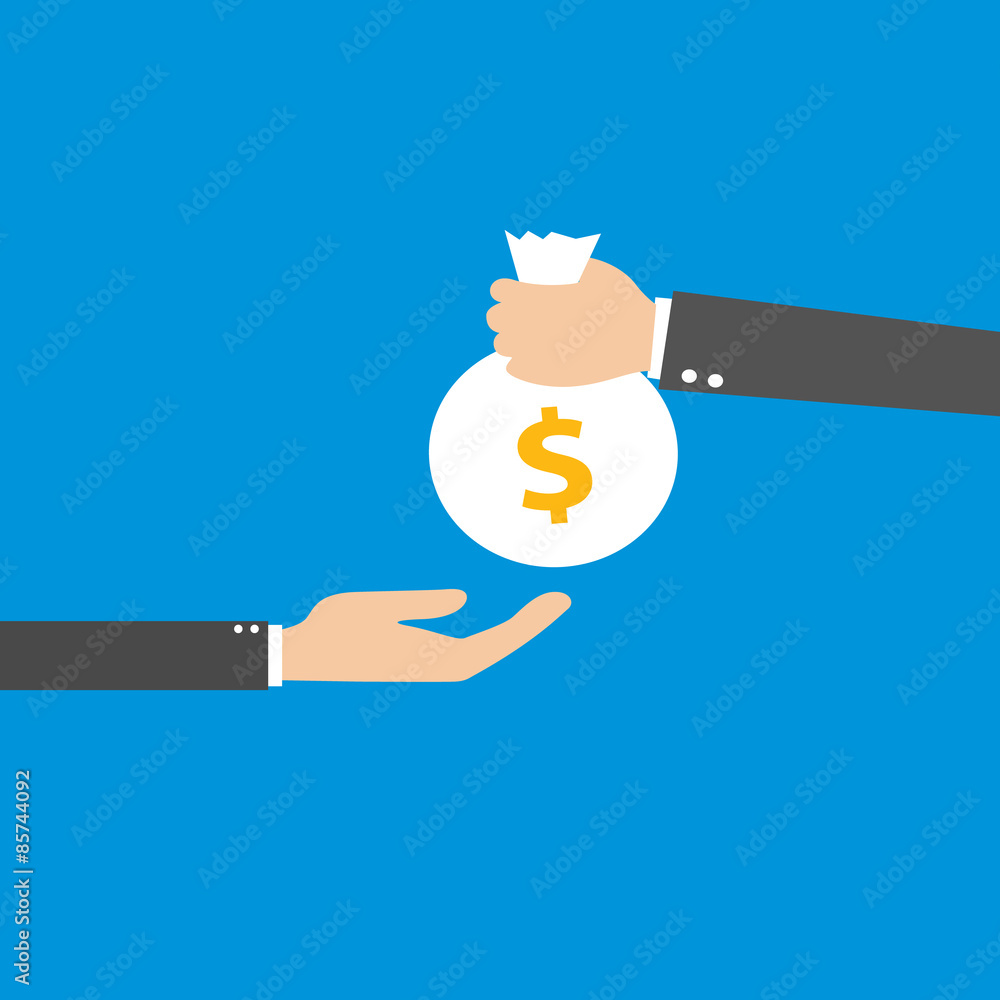 Vector illustration of the hand giving bag with money to a businessman. Flat design Vector illustration of the hand giving bag with money to a businessman. Flat design