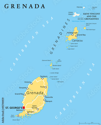 Grenada political map with capital St. Georges. Island Country and part of the Windward Islands and Lesser Antilles in the Caribbean Sea. English labeling and scaling.