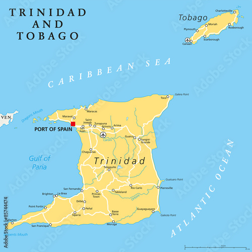 Trinidad and Tobago political map with capital Port of Spain. Twin island country in the Windward Islands and Lesser Antilles. English labeling and scaling. photo