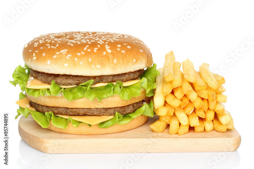 Hamburger and french fries on white background