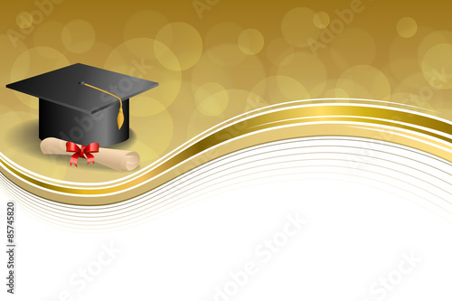 Beige education graduation cap diploma red bow gold frame 