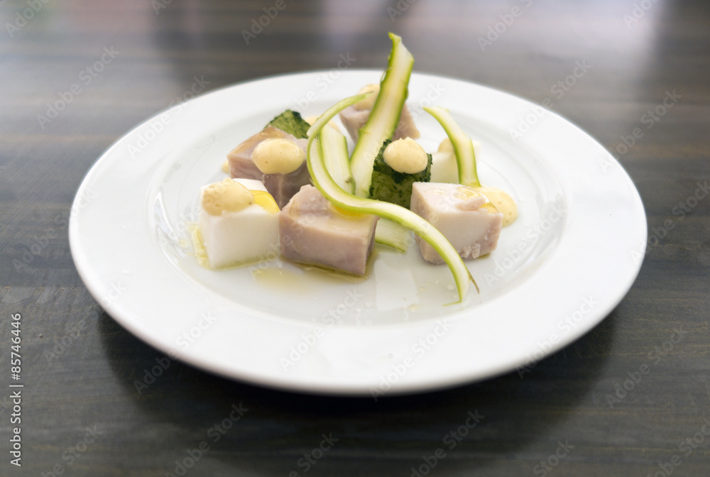 Homemade ham from farm rabbit, kohlrabi, radishes - shallow depth of field