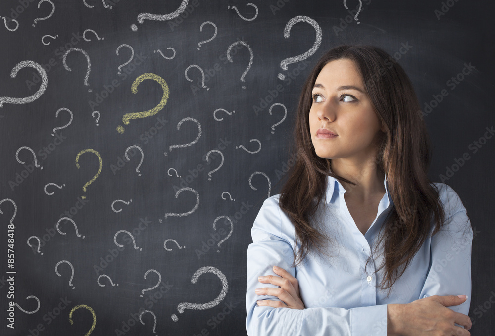 Young woman thinking with blackboard Young woman thinking with blackboard