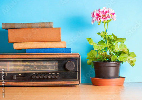 Old radio with flower and books, vintage still life