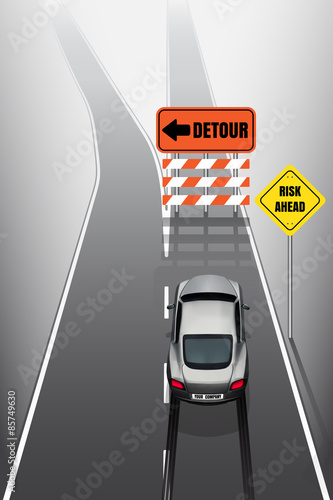 Sport car is braking when see detour signs photo